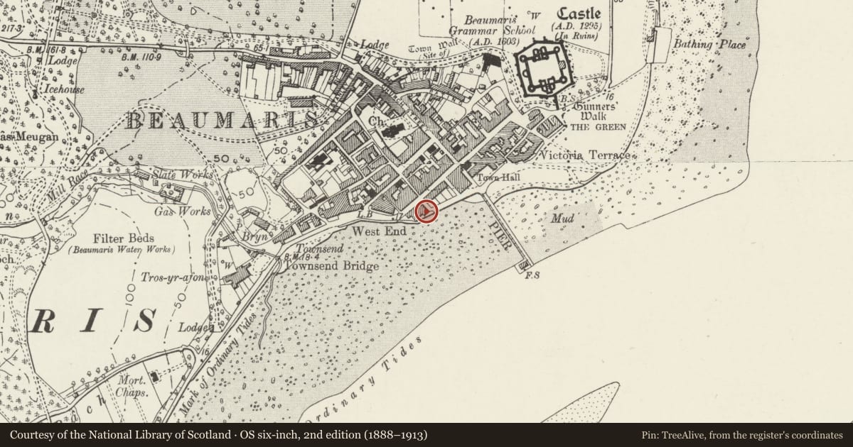 Ordnance Survey six-inch map, 2nd edition (1888–1913) covering the location of Alma House, Beaumaris, Isle of Anglesey, with a pin at the register's coordinates