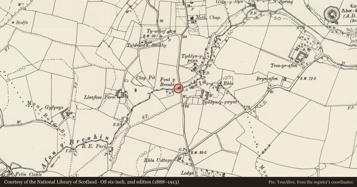 Ordnance Survey six-inch map, 2nd edition (1888–1913) covering the location of Boundary stone on Pont y Brenhin (part in Llangoed community, part in Beaumaris community), Isle of Anglesey, with a pin at the register's coordinates
