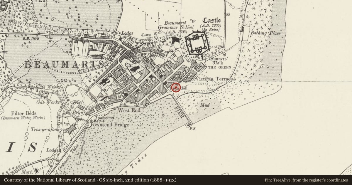 Ordnance Survey six-inch map, 2nd edition (1888–1913) covering the location of Forecourt wall and gate piers on S side of the Bulkeley Hotel, Beaumaris, Isle of Anglesey, with a pin at the register's coordinates