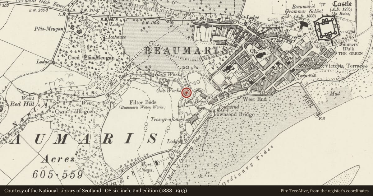 Ordnance Survey six-inch map, 2nd edition (1888–1913) covering the location of Bridge over Mill Lane on former drive to Baron Hill, Beaumaris, Isle of Anglesey, with a pin at the register's coordinates