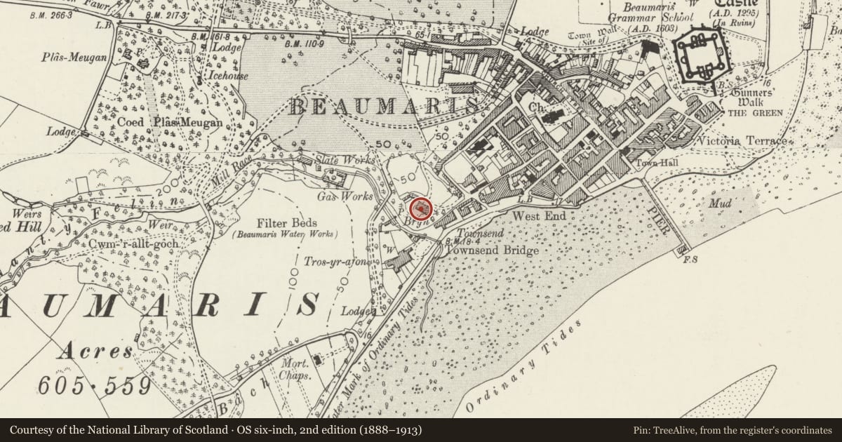 Ordnance Survey six-inch map, 2nd edition (1888–1913) covering the location of Bryn Canol, Beaumaris, Isle of Anglesey, with a pin at the register's coordinates