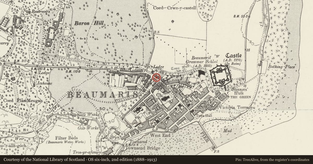Ordnance Survey six-inch map, 2nd edition (1888–1913) covering the location of Bwthyn Anne, Beaumaris, Isle of Anglesey, with a pin at the register's coordinates