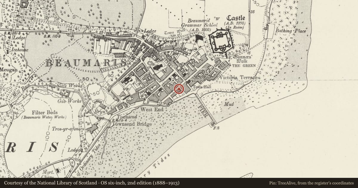 Ordnance Survey six-inch map, 2nd edition (1888–1913) covering the location of Gabriela, Bulkeley Terrace, Beaumaris, Isle of Anglesey, with a pin at the register's coordinates