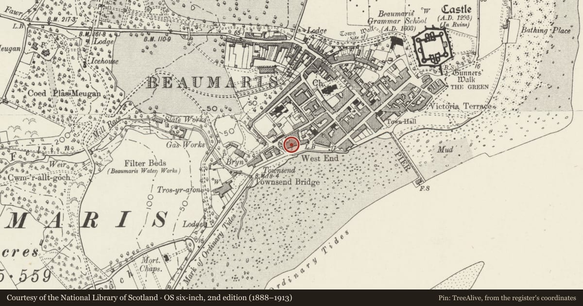 Ordnance Survey six-inch map, 2nd edition (1888–1913) covering the location of Glan-y-don, Beaumaris, Isle of Anglesey, with a pin at the register's coordinates