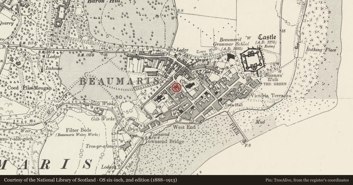 Ordnance Survey six-inch map, 2nd edition (1888–1913) covering the location of Hen Ysgol, Beaumaris, Isle of Anglesey, with a pin at the register's coordinates