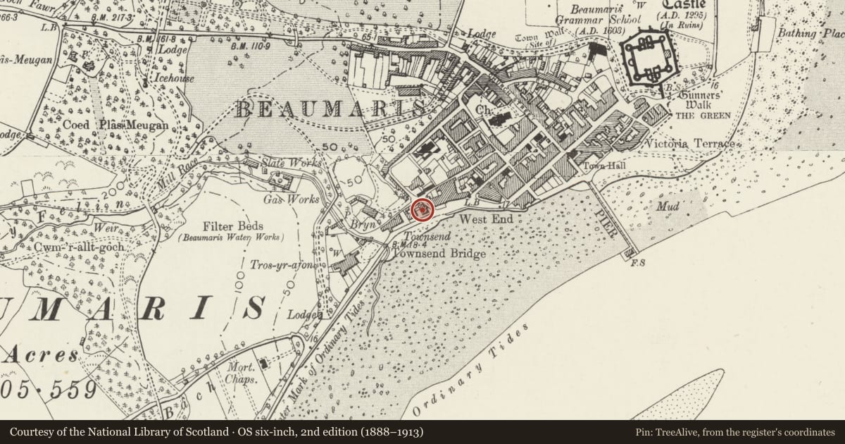 Ordnance Survey six-inch map, 2nd edition (1888–1913) covering the location of Hendref, Beaumaris, Isle of Anglesey, with a pin at the register's coordinates