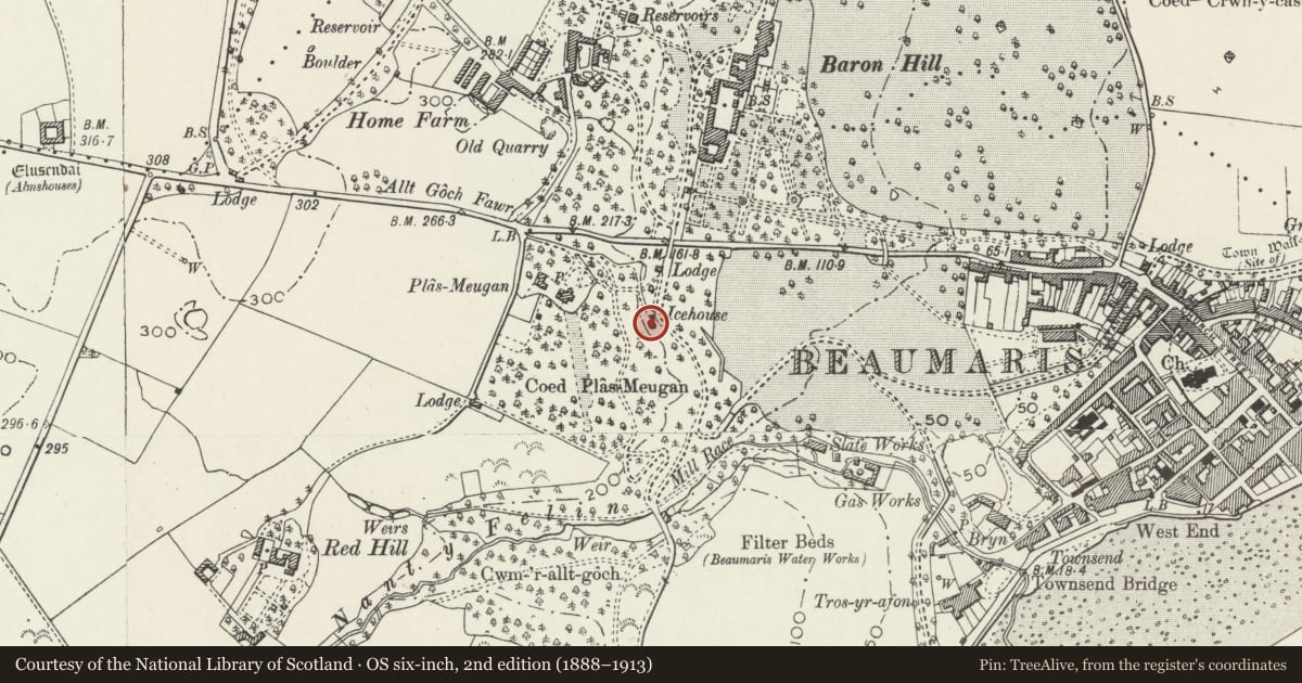 Ordnance Survey six-inch map, 2nd edition (1888–1913) covering the location of Ice house at Baron Hill, Beaumaris, Isle of Anglesey, with a pin at the register's coordinates