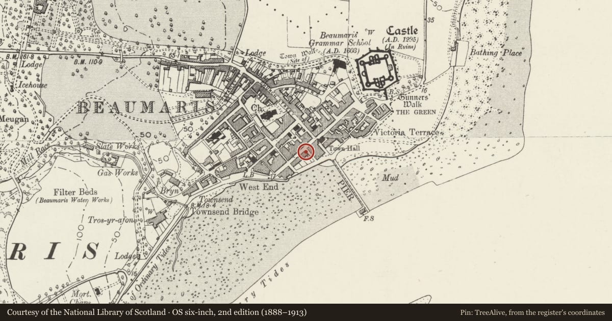 Ordnance Survey six-inch map, 2nd edition (1888–1913) covering the location of Marian, Beaumaris, Isle of Anglesey, with a pin at the register's coordinates