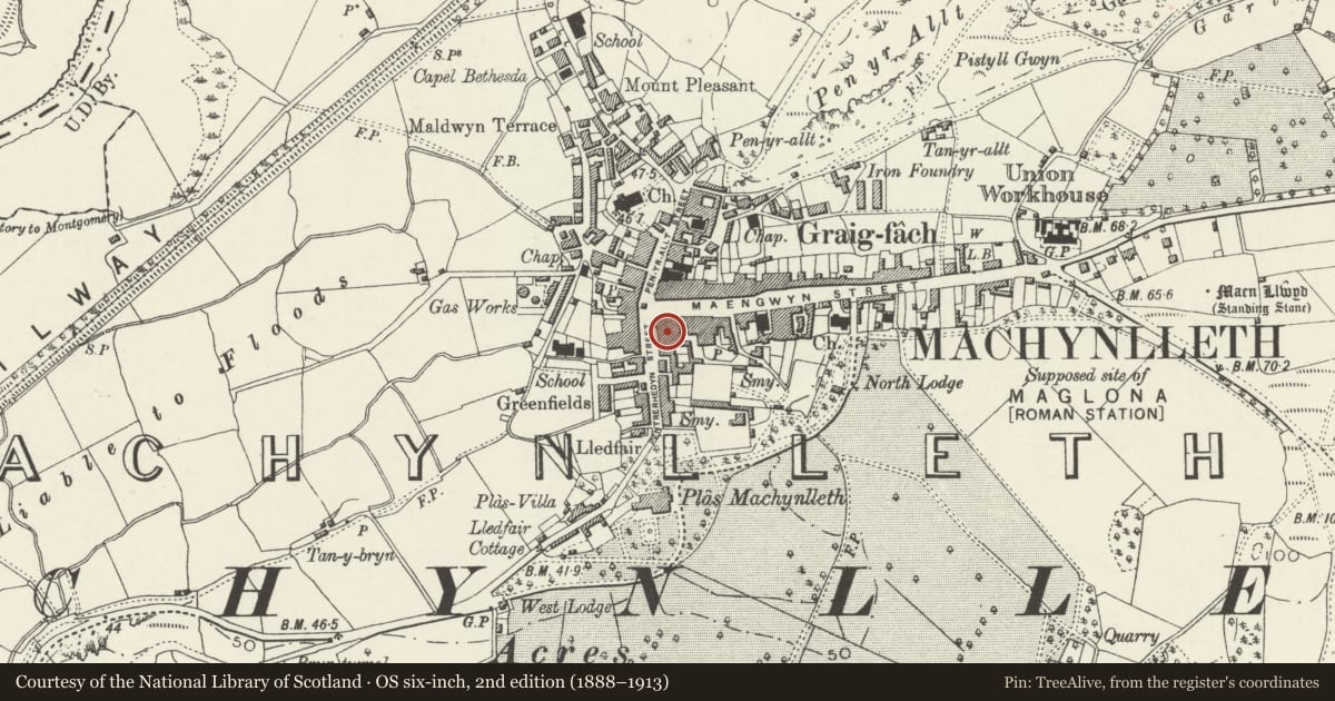 Ordnance Survey six-inch map, 2nd edition (1888–1913) covering the location of 7 Heol Pentrehedyn, Machynlleth, Powys, with a pin at the register's coordinates