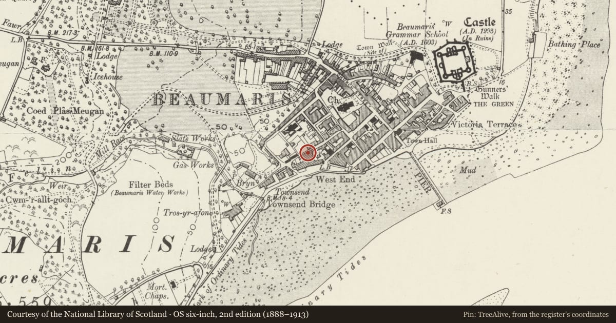Ordnance Survey six-inch map, 2nd edition (1888–1913) covering the location of Music Box, Beaumaris, Isle of Anglesey, with a pin at the register's coordinates