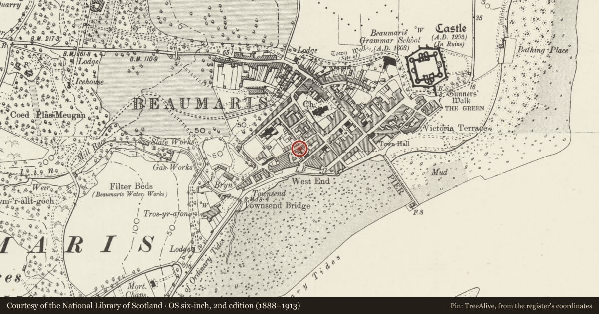 Ordnance Survey six-inch map, 2nd edition (1888–1913) covering the location of Ogwen View, Beaumaris, Isle of Anglesey, with a pin at the register's coordinates