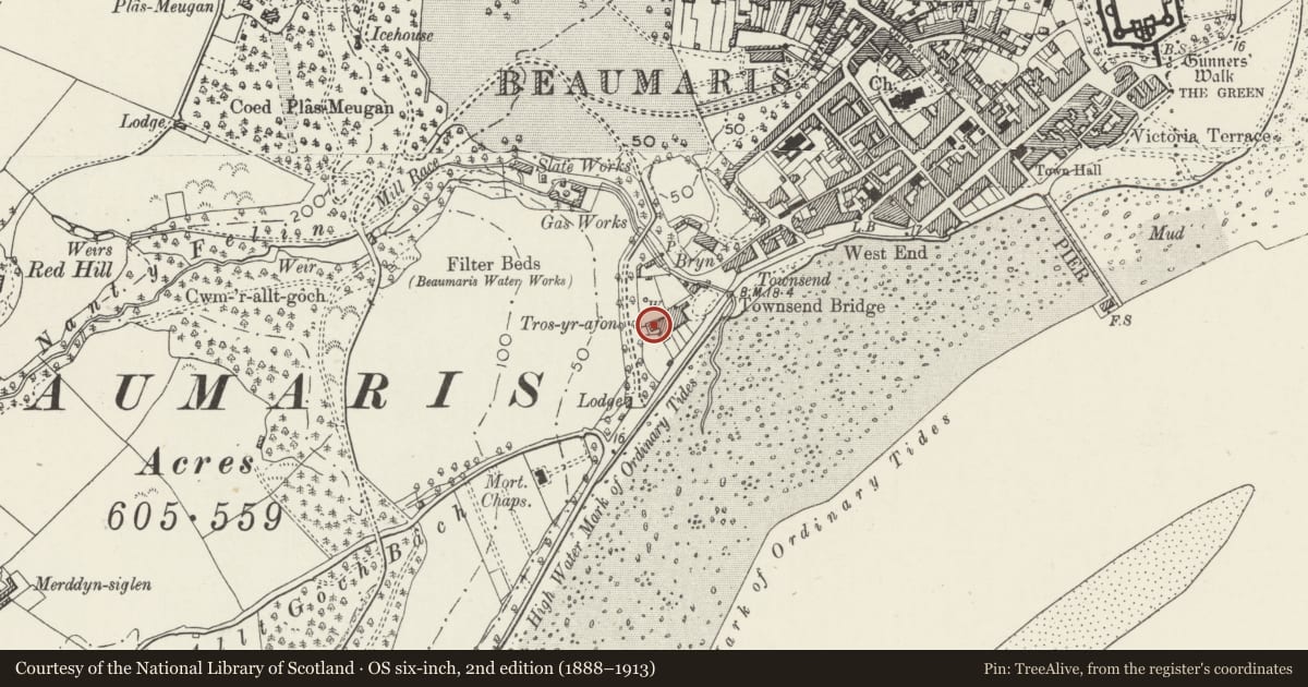 Ordnance Survey six-inch map, 2nd edition (1888–1913) covering the location of Outbuilding behind 4 Tros yr Afon, Beaumaris, Isle of Anglesey, with a pin at the register's coordinates