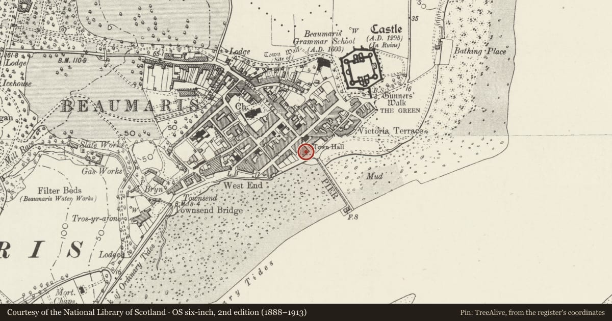 Ordnance Survey six-inch map, 2nd edition (1888–1913) covering the location of Pier House & Cafe, Beaumaris, Isle of Anglesey, with a pin at the register's coordinates