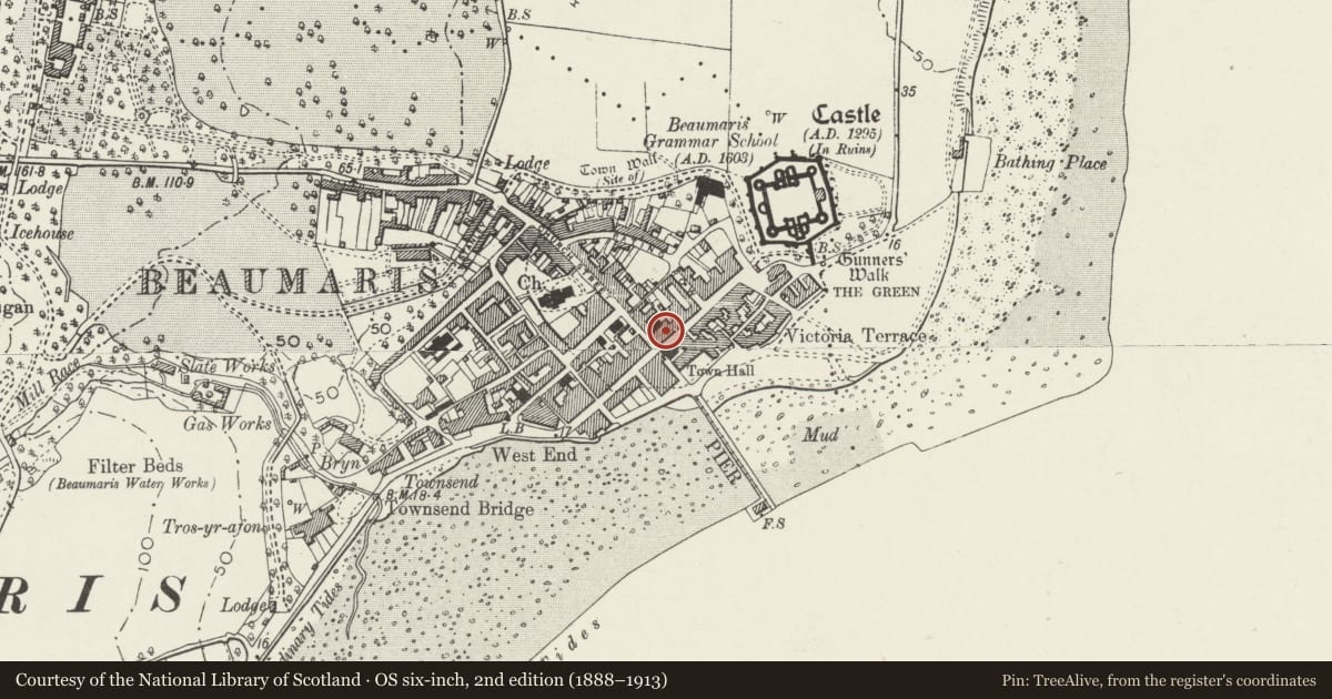 Ordnance Survey six-inch map, 2nd edition (1888–1913) covering the location of Rhiwlas, Beaumaris, Isle of Anglesey, with a pin at the register's coordinates