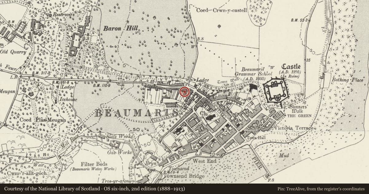 Ordnance Survey six-inch map, 2nd edition (1888–1913) covering the location of Rock Nest, including attached stable and cart house, Beaumaris, Isle of Anglesey, with a pin at the register's coordinates