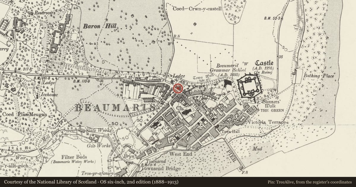 Ordnance Survey six-inch map, 2nd edition (1888–1913) covering the location of Rose Cottage, Beaumaris, Isle of Anglesey, with a pin at the register's coordinates