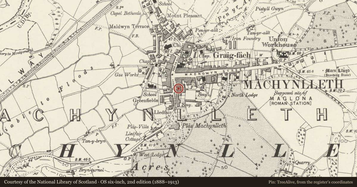 Ordnance Survey six-inch map, 2nd edition (1888–1913) covering the location of Heol Pentrehedyn, Machynlleth, Powys, with a pin at the register's coordinates
