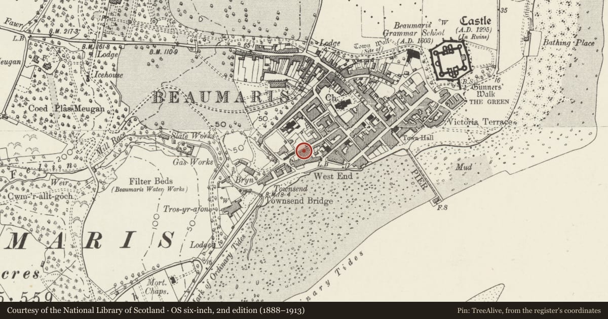Ordnance Survey six-inch map, 2nd edition (1888–1913) covering the location of Seagull Cottage, Beaumaris, Isle of Anglesey, with a pin at the register's coordinates