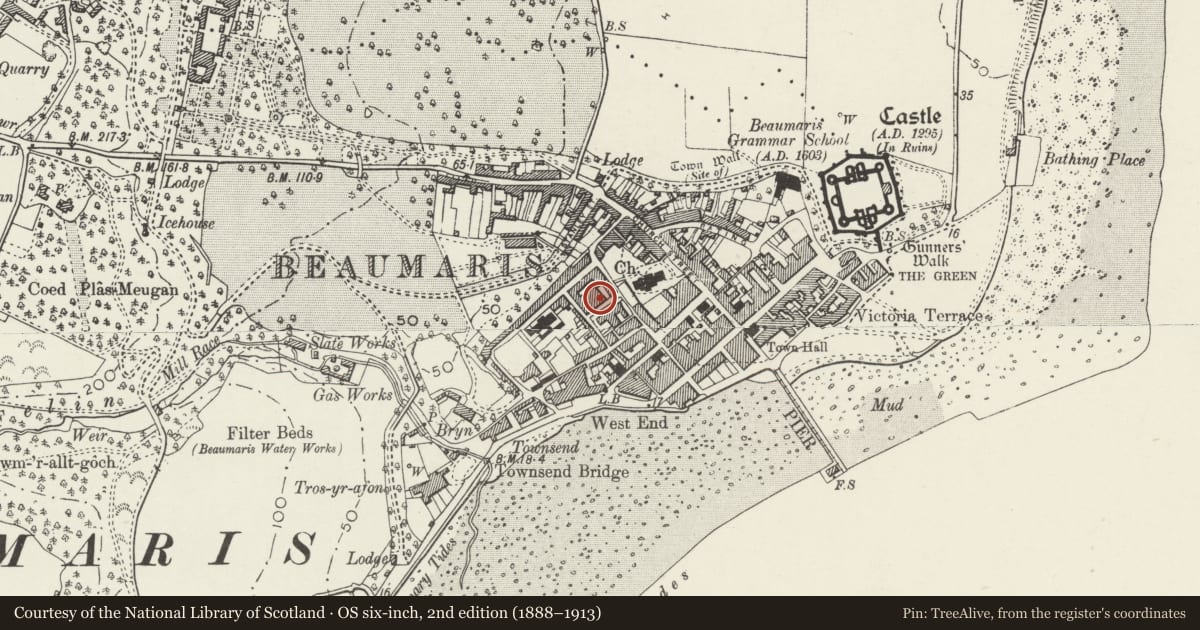 Ordnance Survey six-inch map, 2nd edition (1888–1913) covering the location of Shelter in former school yard at rear of 7 Steeple Lane, Beaumaris, Isle of Anglesey, with a pin at the register's coordinates