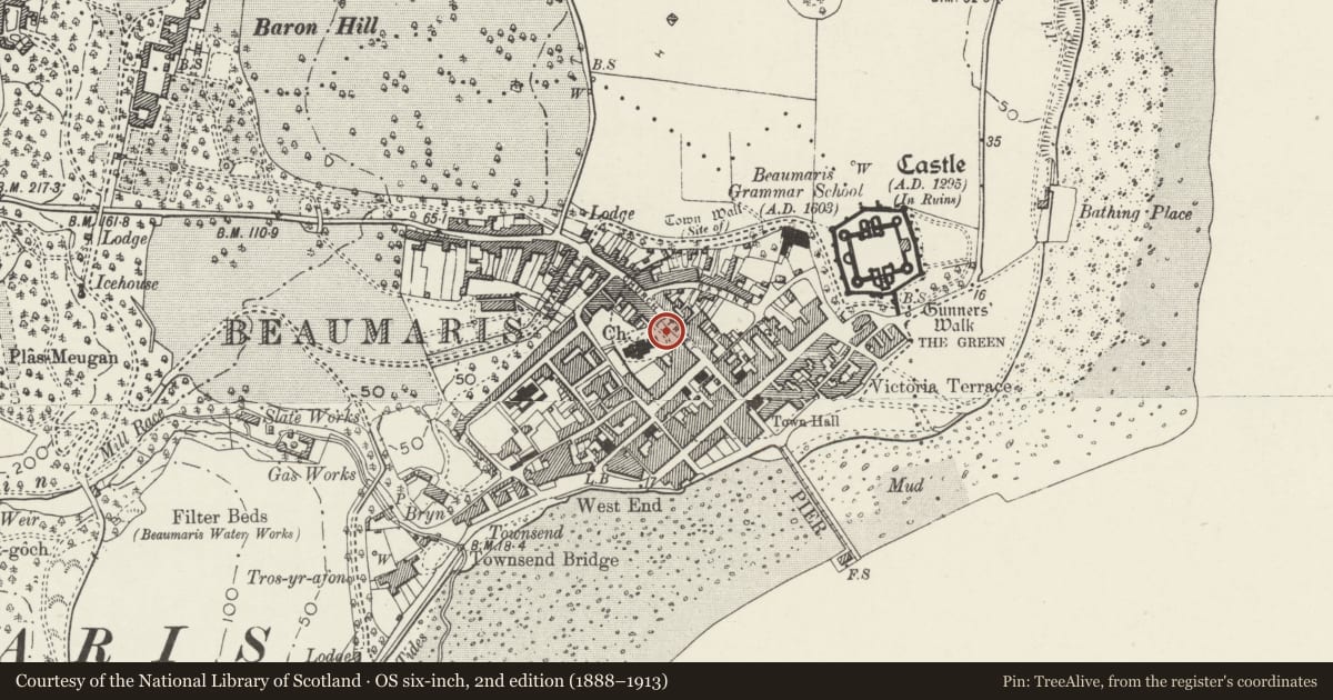 Ordnance Survey six-inch map, 2nd edition (1888–1913) covering the location of Wall, gates and gate piers on the E side of Beaumaris churchyard, Isle of Anglesey, with a pin at the register's coordinates