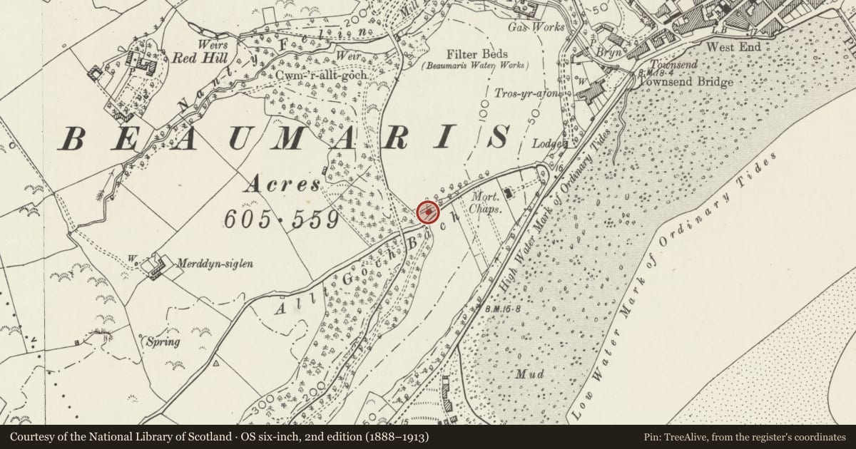Ordnance Survey six-inch map, 2nd edition (1888–1913) covering the location of White Cottage, Beaumaris, Isle of Anglesey, with a pin at the register's coordinates