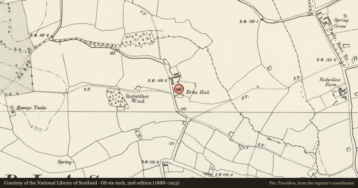 Ordnance Survey six-inch map, 2nd edition (1888–1913) covering the location of Erlas Hall, Abenbury, Wrexham, with a pin at the register's coordinates