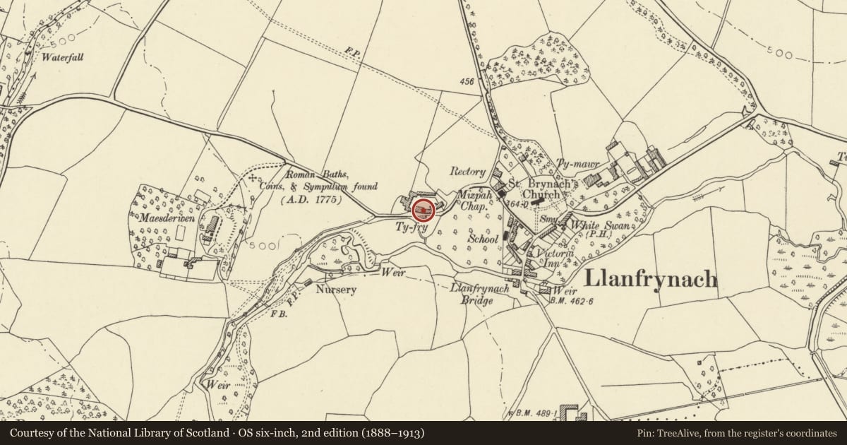 Ordnance Survey six-inch map, 2nd edition (1888–1913) covering the location of Barn range at Ty Fry, Llanfrynach, Powys, with a pin at the register's coordinates