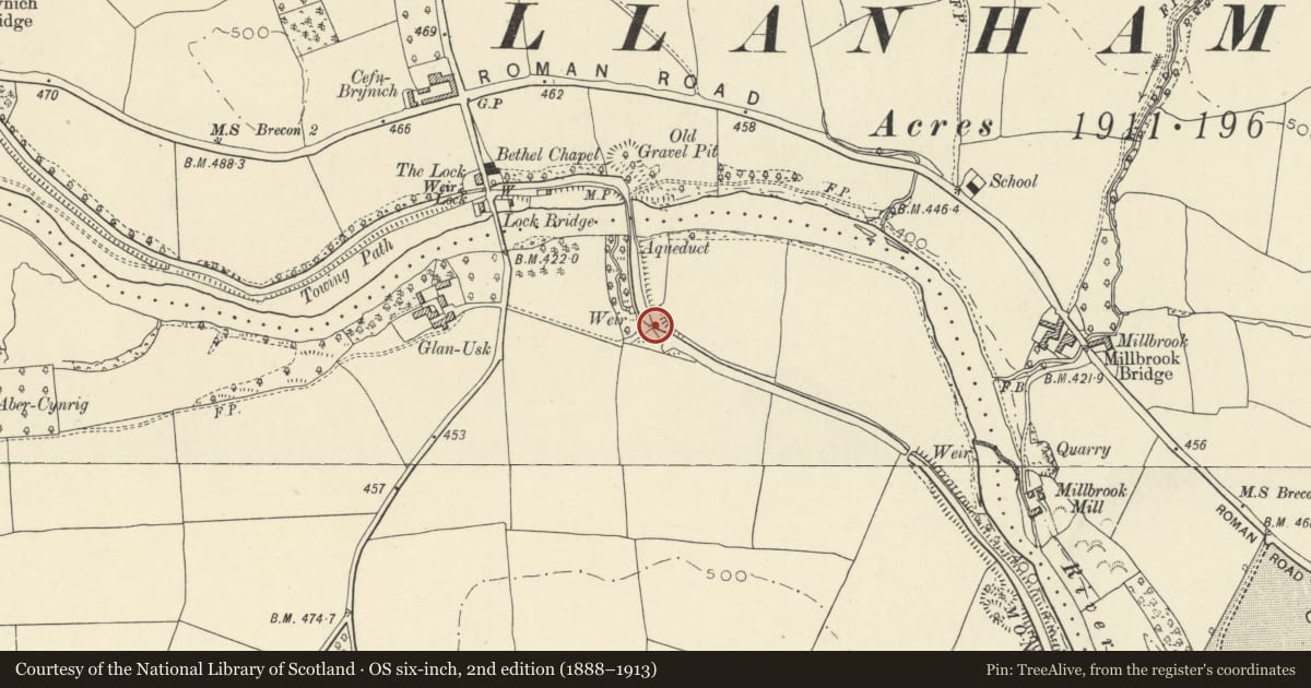 Ordnance Survey six-inch map, 2nd edition (1888–1913) covering the location of Canal Bridge No 162 Brecon & Abergavenny Canal, Llanfrynach, Powys, with a pin at the register's coordinates