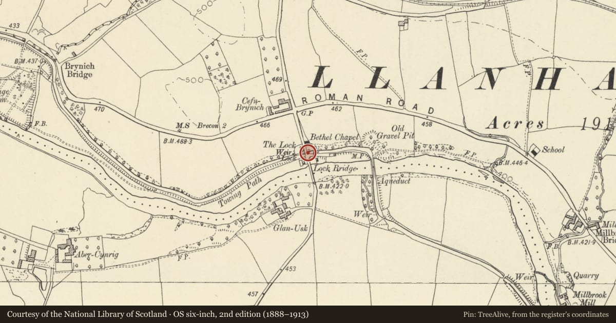 Ordnance Survey six-inch map, 2nd edition (1888–1913) covering the location of Canal Bridge No 163 and Cefn Brynich Lock Chamber, Llanfrynach, Powys, with a pin at the register's coordinates