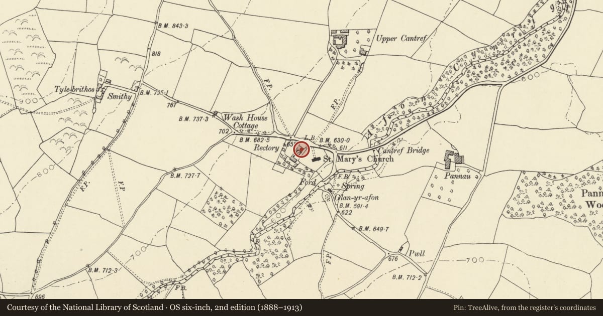 Ordnance Survey six-inch map, 2nd edition (1888–1913) covering the location of Cantref House, Llanfrynach, Powys, with a pin at the register's coordinates