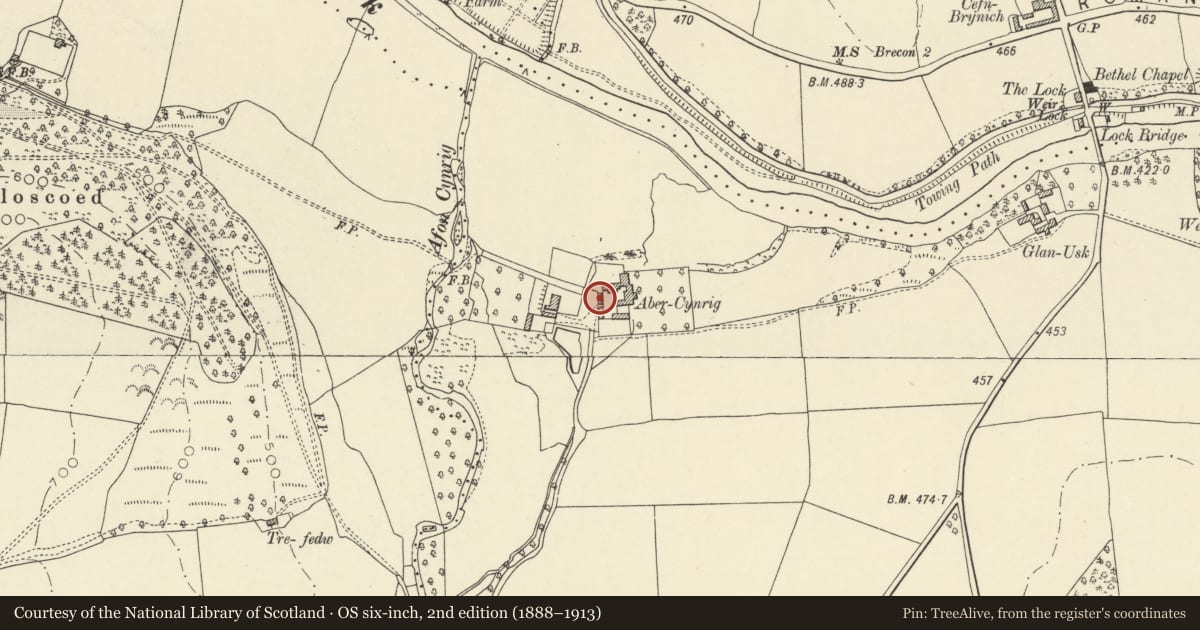 Ordnance Survey six-inch map, 2nd edition (1888–1913) covering the location of Cartshed at Abercynrig, Llanfrynach, Powys, with a pin at the register's coordinates