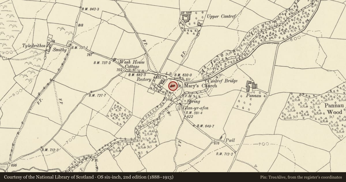 Ordnance Survey six-inch map, 2nd edition (1888–1913) covering the location of Church of St Mary, Llanfrynach, Powys, with a pin at the register's coordinates