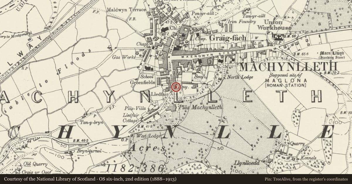 Ordnance Survey six-inch map, 2nd edition (1888–1913) covering the location of Former Smithy to Plas Machynlleth, Powys, with a pin at the register's coordinates
