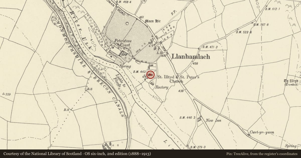 Ordnance Survey six-inch map, 2nd edition (1888–1913) covering the location of Church of St Peter and St Illtyd, Llanfrynach, Powys, with a pin at the register's coordinates
