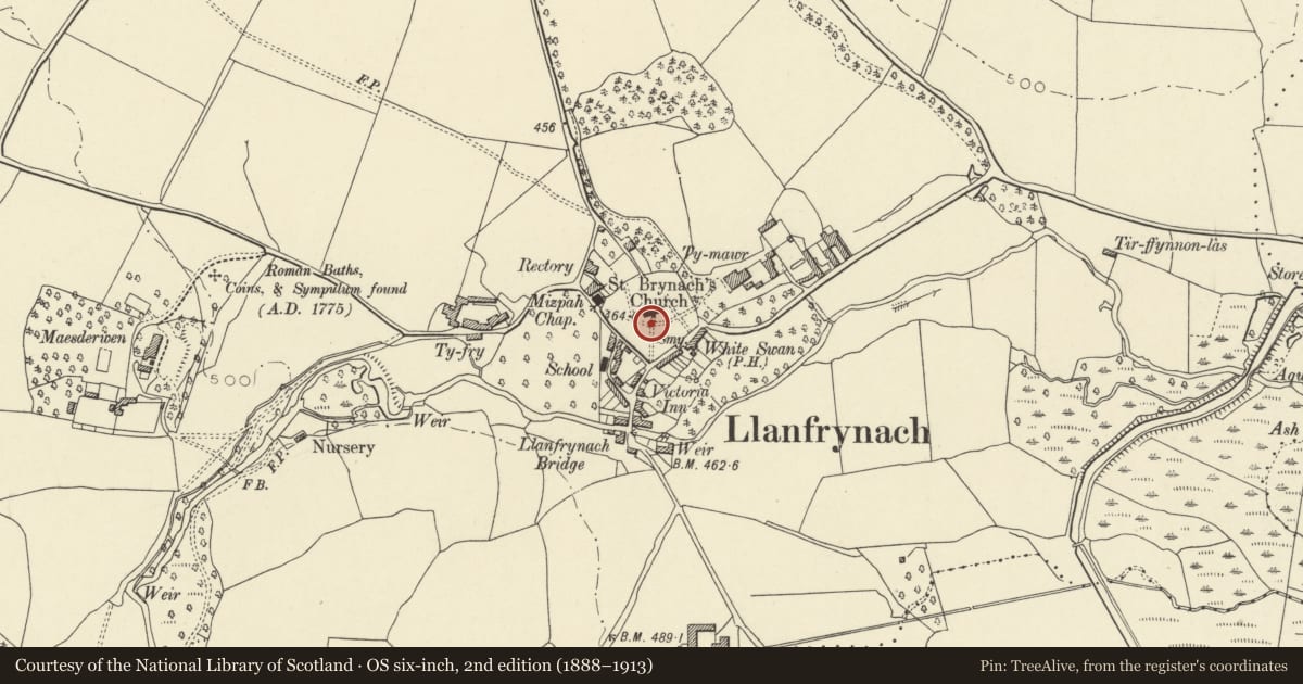Ordnance Survey six-inch map, 2nd edition (1888–1913) covering the location of Churchyard Cross at Church of St Brynach, Llanfrynach, Powys, with a pin at the register's coordinates