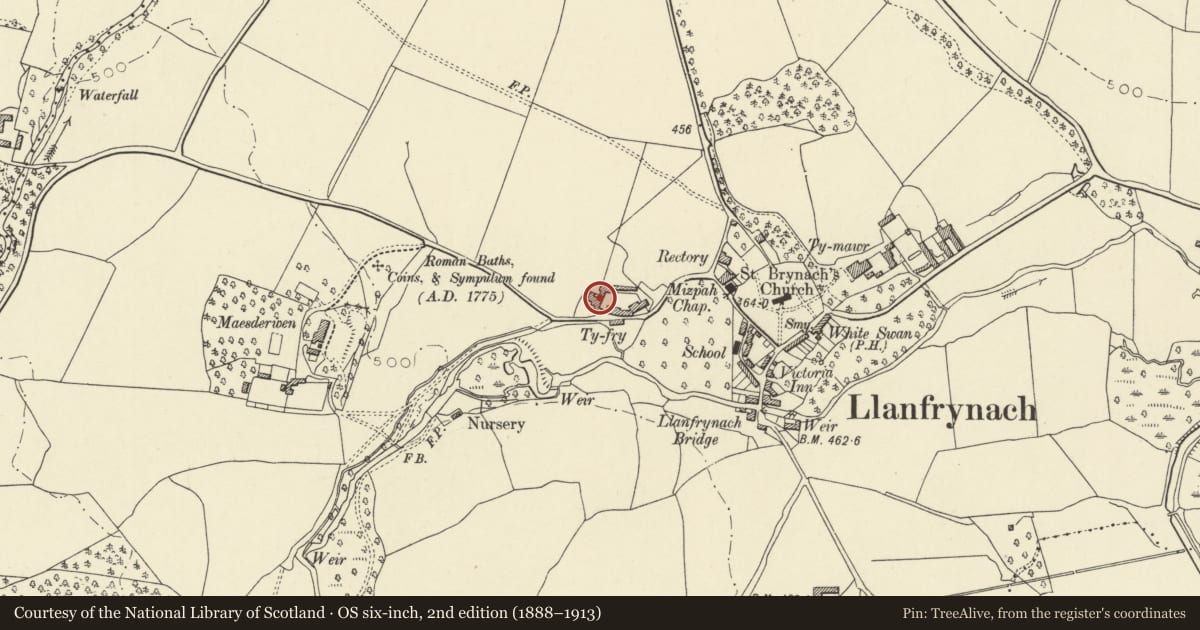 Ordnance Survey six-inch map, 2nd edition (1888–1913) covering the location of Cow-shed range at Ty Fry, Llanfrynach, Powys, with a pin at the register's coordinates