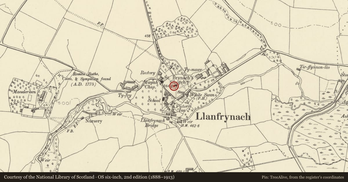 Ordnance Survey six-inch map, 2nd edition (1888–1913) covering the location of Jefferys Wilkins memorial in churchyard, Llanfrynach, Powys, with a pin at the register's coordinates