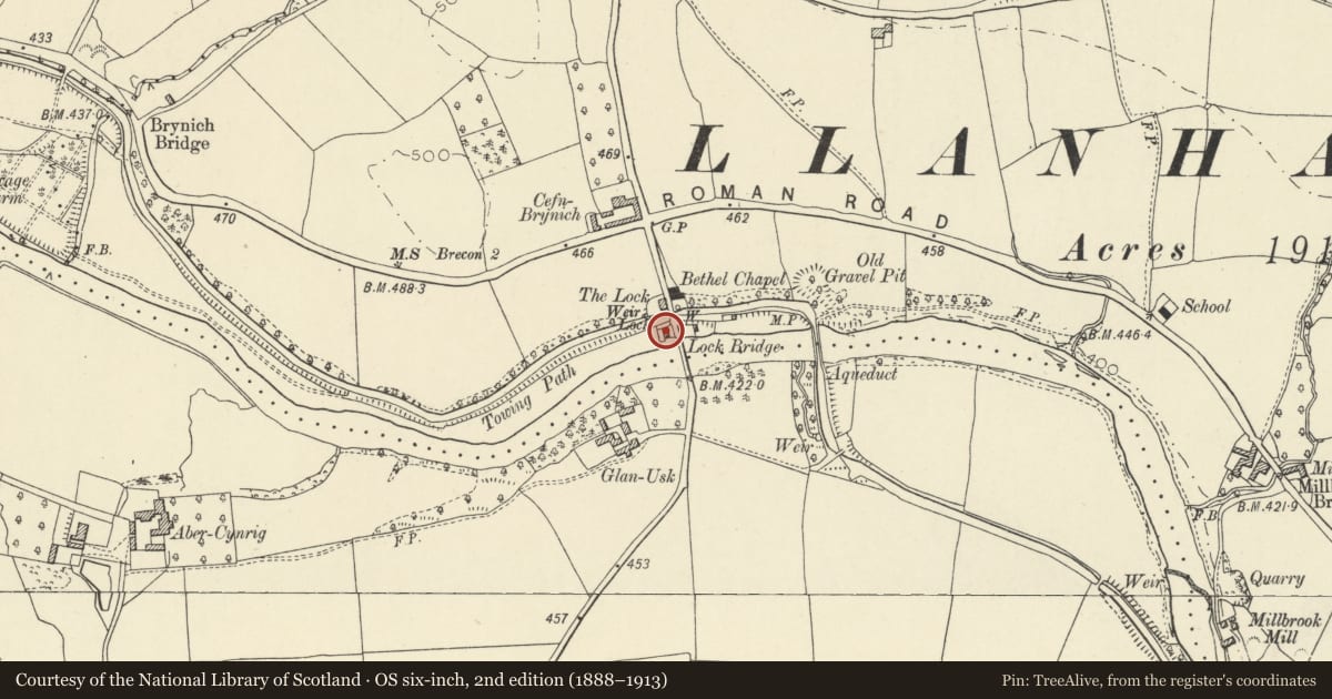 Ordnance Survey six-inch map, 2nd edition (1888–1913) covering the location of Lock Cottage, Llanfrynach, Powys, with a pin at the register's coordinates