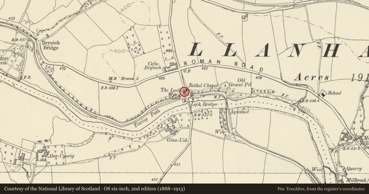 Ordnance Survey six-inch map, 2nd edition (1888–1913) covering the location of Lock House, Llanfrynach, Powys, with a pin at the register's coordinates