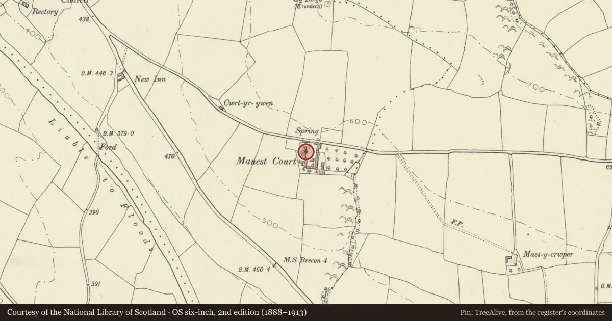 Ordnance Survey six-inch map, 2nd edition (1888–1913) covering the location of Manest Court and attached barn, Llanfrynach, Powys, with a pin at the register's coordinates