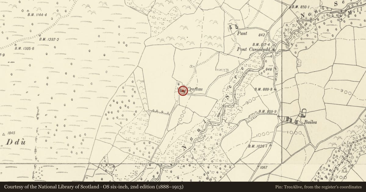 Ordnance Survey six-inch map, 2nd edition (1888–1913) covering the location of Old Croftau, Llanfrynach, Powys, with a pin at the register's coordinates