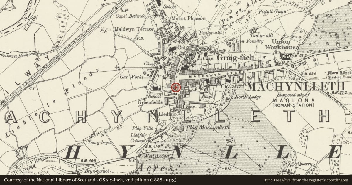 Ordnance Survey six-inch map, 2nd edition (1888–1913) covering the location of Bodlondeb, Machynlleth, Powys, with a pin at the register's coordinates