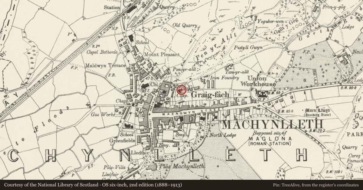 Ordnance Survey six-inch map, 2nd edition (1888–1913) covering the location of Capel y Craig, Machynlleth, Powys, with a pin at the register's coordinates