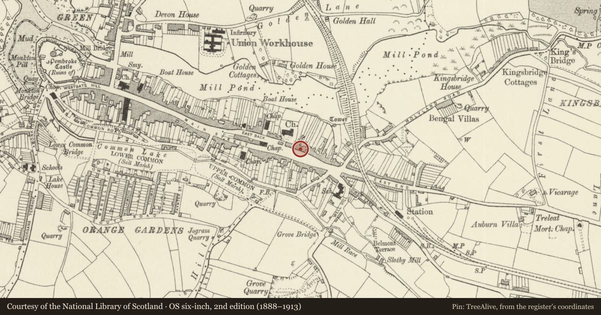 Ordnance Survey six-inch map, 2nd edition (1888–1913) covering the location of Eaton House and forecourt railings, Pembroke, Pembrokeshire, with a pin at the register's coordinates