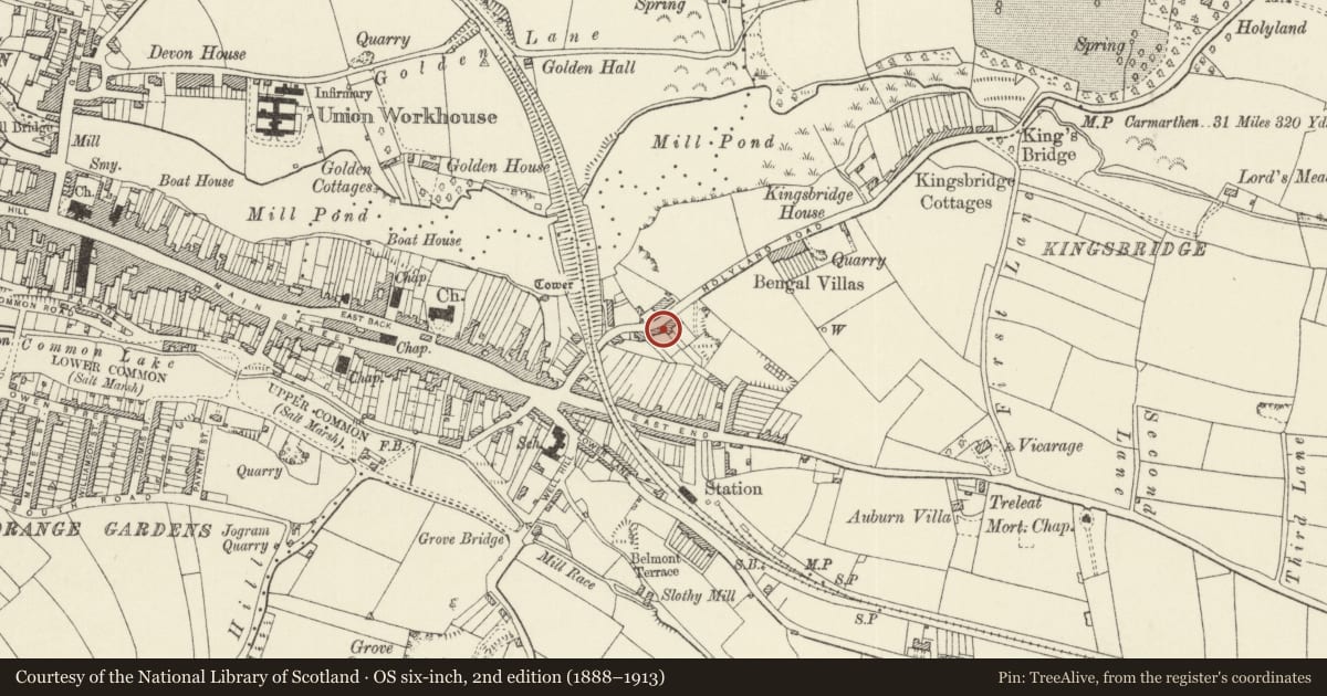 Ordnance Survey six-inch map, 2nd edition (1888–1913) covering the location of 14 Holyland Road, Pembroke, Pembrokeshire, with a pin at the register's coordinates