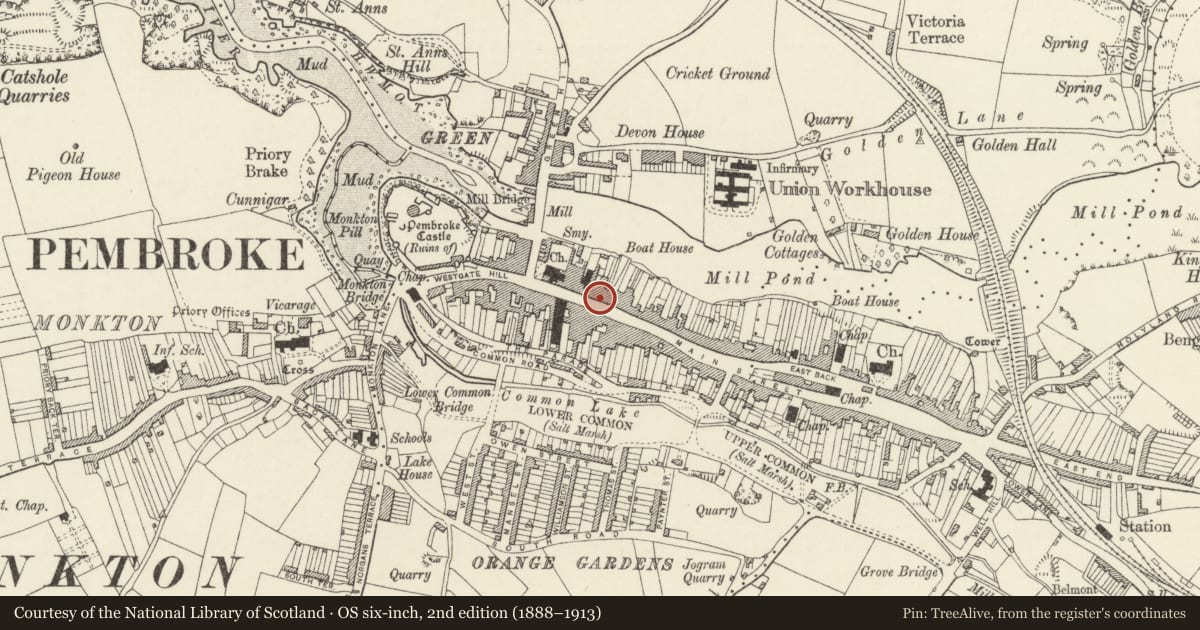 Ordnance Survey six-inch map, 2nd edition (1888–1913) covering the location of 18 Main Street, Pembroke, Pembrokeshire, with a pin at the register's coordinates
