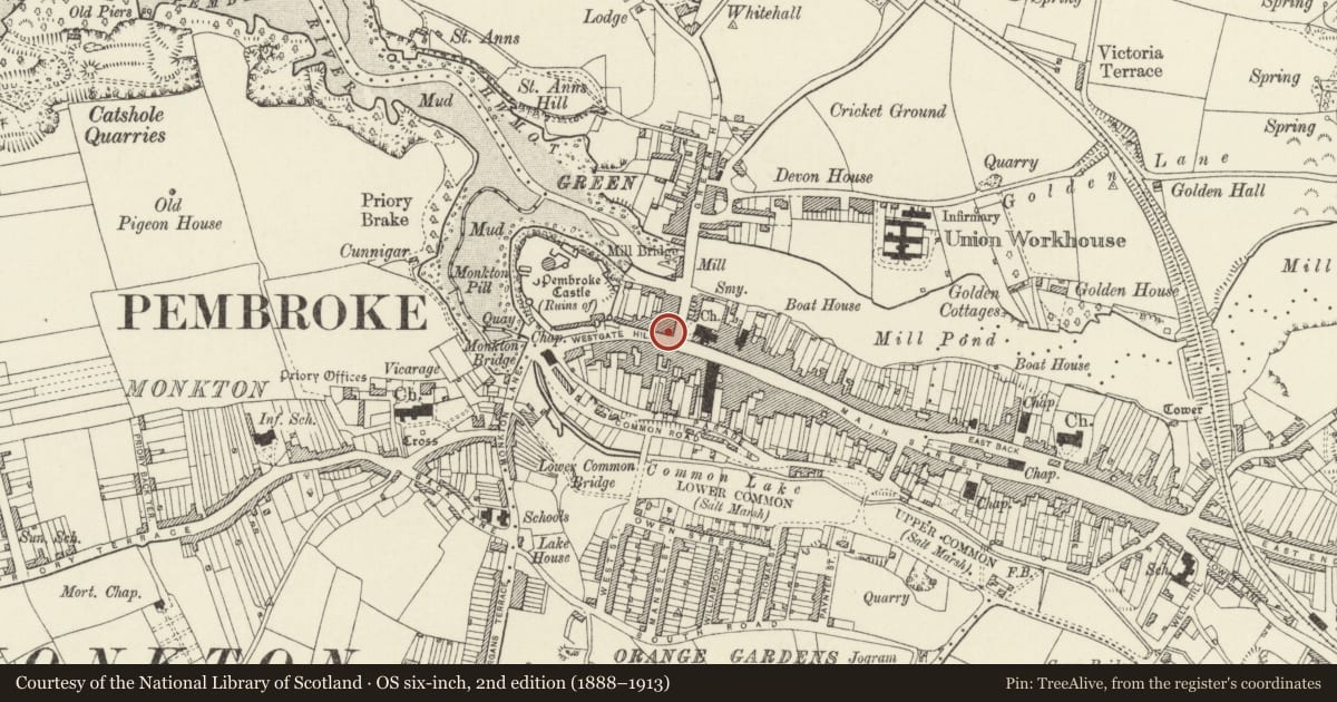 Ordnance Survey six-inch map, 2nd edition (1888–1913) covering the location of 2 Castle Terrace, Pembroke, Pembrokeshire, with a pin at the register's coordinates