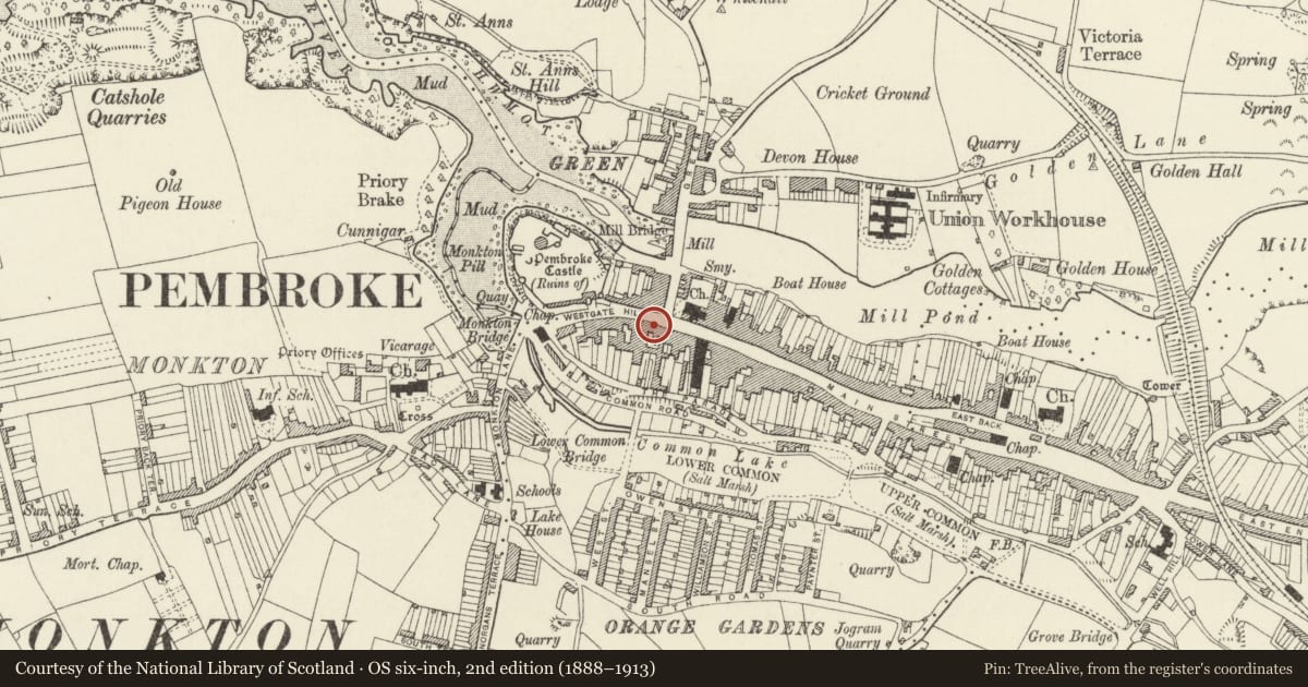 Ordnance Survey six-inch map, 2nd edition (1888–1913) covering the location of Westgate House, Pembroke, Pembrokeshire, with a pin at the register's coordinates