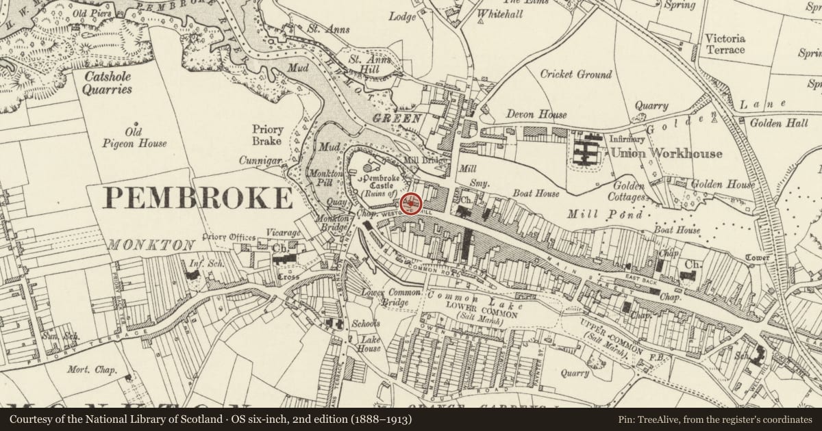 Ordnance Survey six-inch map, 2nd edition (1888–1913) covering the location of Pembroke Castle Shop, Pembrokeshire, with a pin at the register's coordinates