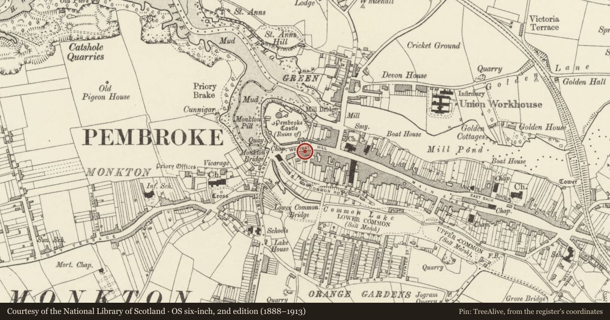 Ordnance Survey six-inch map, 2nd edition (1888–1913) covering the location of 5 Westgate Hill, Pembroke, Pembrokeshire, with a pin at the register's coordinates